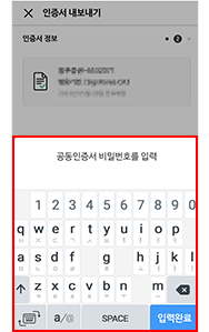 내보내기 선택한 공인인증서 비밀번호 입력